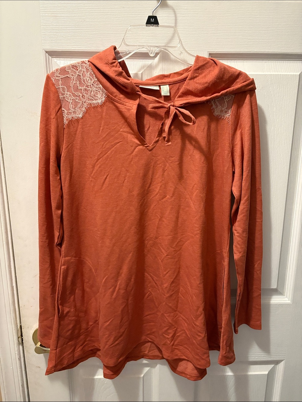 LOGO by Lori Goldstein Lounge rust French Terry hoodie with lace accents